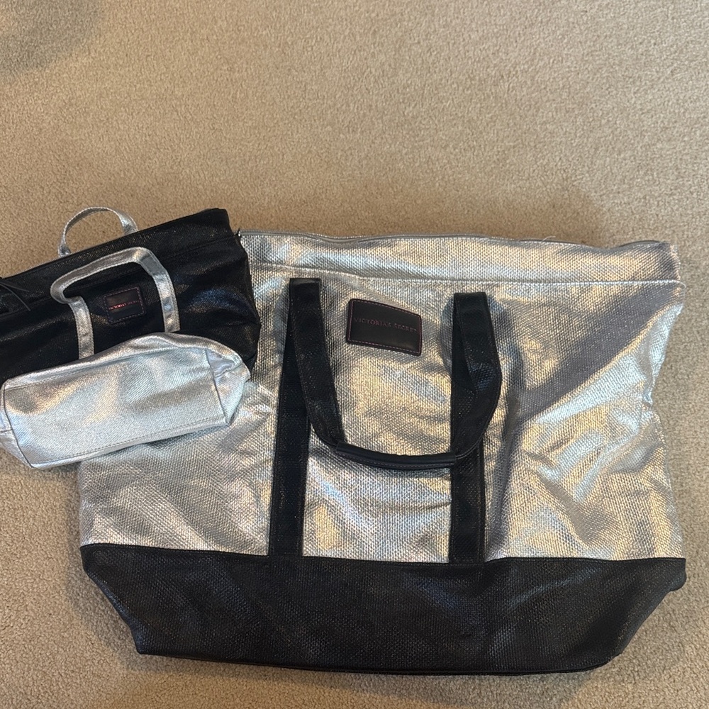 Victoria's Secret Silver and Black Metallic Tote with Matching Pouch